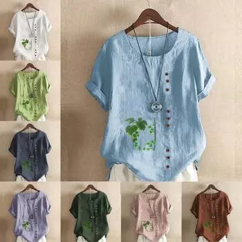 Женская модная футболка с круглым вырезом и коротким рукавом, повседневная рубашка из хлопка и льна с рисунком, свободная летняя блузка с принтом зеленых листьев, топы S розовый