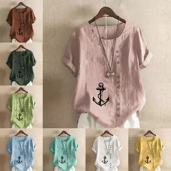 Женская модная футболка с круглым вырезом и коротким рукавом, повседневная рубашка из хлопка и льна с принтом, свободная летняя блузка с принтом якоря, топы S розовый