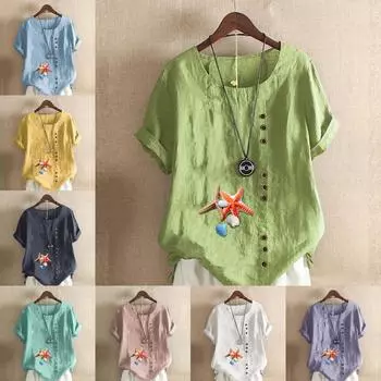 Женская модная футболка с круглым вырезом и коротким рукавом с принтом «морская звезда», повседневная рубашка из хлопка и льна с рисунком, свободная летняя блузка для отдыха, топы S розовый