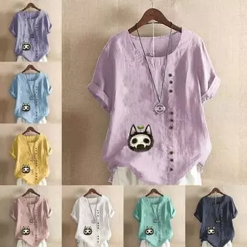 Женская модная футболка с круглым вырезом и короткими рукавами с принтом героев мультфильмов, повседневная хлопково-льняная рубашка с рисунком, свободная летняя блузка для отдыха, топы S розовый