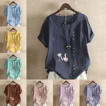 Женская модная футболка с круглым вырезом и коротким рукавом, повседневная хлопковая льняная рубашка с рисунком, свободная летняя блузка с принтом буквы М S розовый