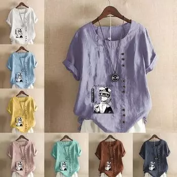 Женская модная футболка с круглым вырезом и коротким рукавом, повседневная хлопковая льняная рубашка с рисунком, классная летняя блузка с принтом для мальчиков, топы больших размеров S розовый