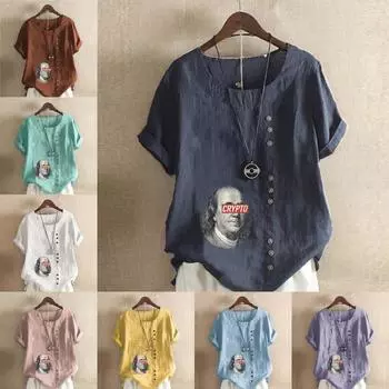 Женская модная футболка с круглым вырезом и коротким рукавом, повседневная хлопковая льняная рубашка с графическим принтом, летняя блузка с принтом персонажей, топы больших размеров S розовый