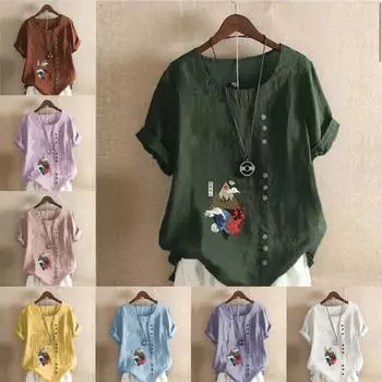 Женская модная футболка с круглым вырезом и коротким рукавом, повседневная рубашка из хлопка и льна с рисунком, свободная летняя блузка с принтом «Пламя и горы», топы S розовый