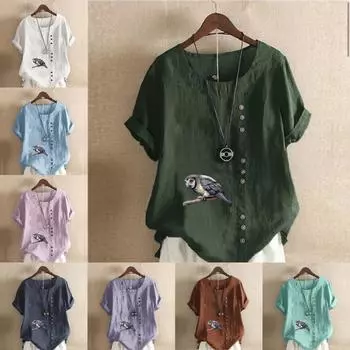 Женская модная футболка с круглым вырезом и коротким рукавом, повседневная рубашка из хлопка и льна с принтом, свободная летняя блузка с принтом совы, топы S розовый