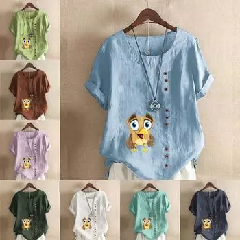 Женская модная футболка с круглым вырезом и короткими рукавами с принтом совы, повседневная хлопково-льняная рубашка с рисунком, свободная летняя блузка для отдыха, топы S розовый