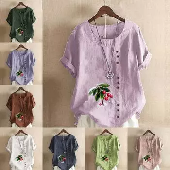 Женская модная футболка с круглым вырезом и коротким рукавом, повседневная рубашка из хлопка и льна с рисунком, свободная летняя блузка с принтом китайского боярышника, топы S розовый