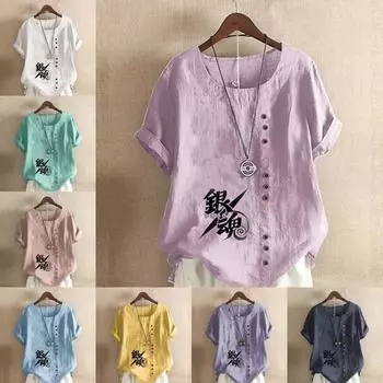 Женская модная футболка с круглым вырезом и коротким рукавом, повседневная хлопково-льняная рубашка с рисунком, свободная летняя блузка с принтом «Джин Тама» для отдыха, топы S розовый