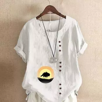 Женская модная футболка с круглым вырезом и коротким рукавом, повседневная хлопковая льняная рубашка с графическим принтом, летняя блузка с теневым принтом, топы больших размеров S розовый