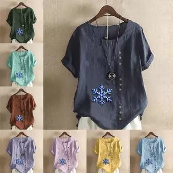 Женская модная футболка с круглым вырезом и коротким рукавом, повседневная рубашка из хлопка и льна с рисунком, свободная летняя блузка с принтом «снежинки», топы S розовый