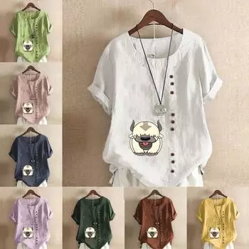 Женская модная футболка с круглым вырезом и короткими рукавами с принтом героев мультфильмов, повседневная хлопково-льняная рубашка с рисунком, свободная летняя блузка для отдыха, топы S розовый