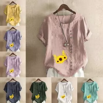 Женская модная футболка с круглым вырезом и коротким рукавом, повседневная рубашка из хлопка и льна с рисунком, свободная летняя блузка с принтом подсолнухов, топы S розовый