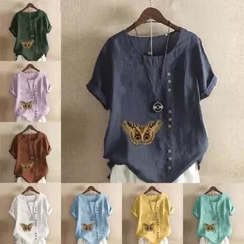 Женская модная футболка с круглым вырезом и коротким рукавом с принтом бабочки, повседневная хлопково-льняная рубашка с рисунком, свободная летняя блузка для отдыха, топы S розовый