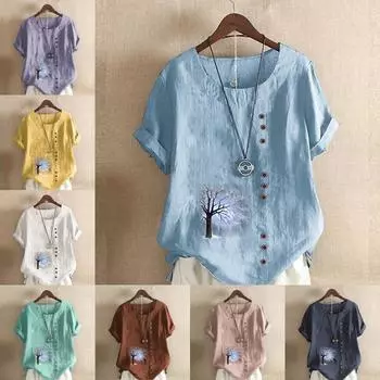 Женская модная футболка с круглым вырезом и коротким рукавом с принтом дерева, повседневная хлопково-льняная рубашка с рисунком, свободная летняя блузка для отдыха, топы S розовый