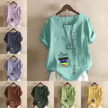 Женская модная футболка с круглым вырезом и коротким рукавом, повседневная хлопковая льняная рубашка с графическим принтом, свободная летняя блузка с буквенным принтом, топы S розовый