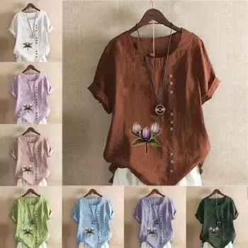 Женская модная футболка с круглым вырезом и короткими рукавами с принтом тюльпанов, повседневная хлопково-льняная рубашка с рисунком, свободная летняя блузка для отдыха, топы S розовый