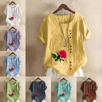 Женская модная футболка с круглым вырезом и коротким рукавом, повседневная хлопковая льняная рубашка с рисунком, летняя блузка с принтом роз, топы S розовый