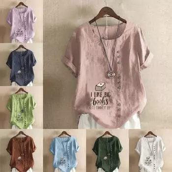 Женская модная футболка с круглым вырезом и коротким рукавом, повседневная хлопковая льняная рубашка с принтом I Like Big Books, летняя блузка, топы больших размеров S розовый
