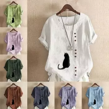 Женская модная футболка с круглым вырезом и короткими рукавами с принтом «черный кот», повседневная хлопково-льняная рубашка с рисунком, свободная летняя блузка для отдыха, топы S розовый