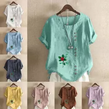 Женская модная футболка с круглым вырезом и коротким рукавом с принтом роз, повседневная рубашка из хлопка и льна с рисунком, свободная летняя блузка для отдыха, топы S розовый