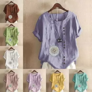 Женская модная футболка с круглым вырезом и коротким рукавом, повседневная хлопковая льняная рубашка с рисунком, свободная летняя блузка с принтом одуванчика для отдыха, топы S розовый