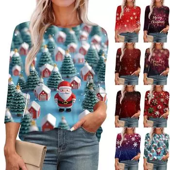 Женская модная футболка с круглым вырезом и рукавом 3/4 с рождественскими принтами, повседневная базовая плиссированная футболка-пуловер M винный