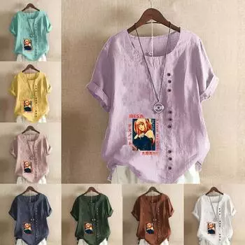 Женская модная футболка с круглым вырезом и коротким рукавом, повседневная хлопковая льняная рубашка с принтом в виде персонажей мультфильмов, летняя блузка, топы S розовый