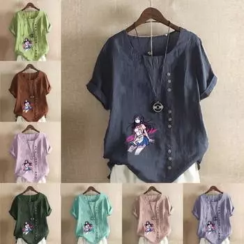 Женская модная футболка с круглым вырезом и короткими рукавами для девочек, повседневная хлопково-льняная рубашка с рисунком, свободная летняя блузка для отдыха, топы S розовый