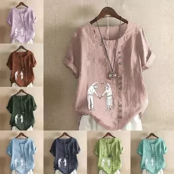 Женская модная футболка с круглым вырезом и коротким рукавом, повседневная хлопковая льняная рубашка с графическим принтом, свободная летняя блузка с принтом в виде сердца, топы S розовый