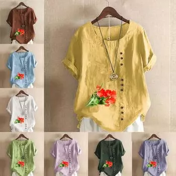 Женская модная футболка с круглым вырезом и коротким рукавом, повседневная рубашка из хлопка и льна с рисунком, свободная летняя блузка с принтом в виде букета цветов S розовый