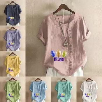 Женская модная футболка с круглым вырезом и коротким рукавом, повседневная рубашка из хлопка и льна с рисунком, свободная летняя блузка с принтом в виде воздушных шаров, топы S розовый