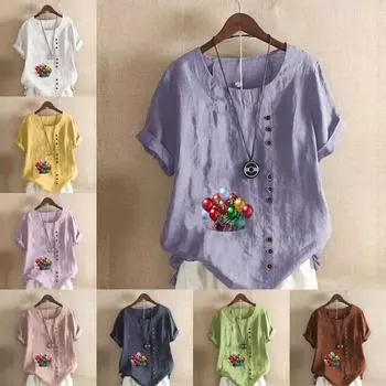 Женская модная футболка с круглым вырезом и коротким рукавом с принтом в виде воздушного шара, повседневная рубашка из хлопка и льна с графическим принтом, свободная летняя блузка для отдыха, топы S розовый