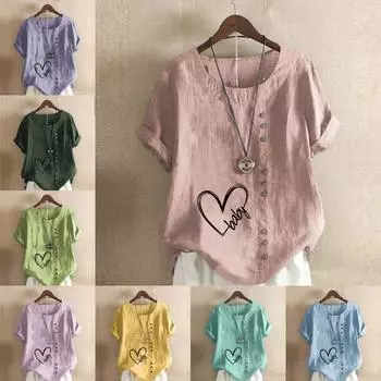 Женская модная футболка с круглым вырезом и коротким рукавом, повседневная хлопковая льняная рубашка с рисунком, свободная летняя блузка с принтом в виде сердца для отдыха, топы S розовый