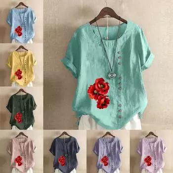 Женская модная футболка с круглым вырезом и коротким рукавом, повседневная хлопковая льняная рубашка с рисунком, летние блузки с красными цветами и принтом, топы больших размеров S розовый