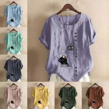 Женская модная футболка с круглым вырезом и короткими рукавами с принтом собаки, повседневная хлопково-льняная рубашка с рисунком, свободная летняя блузка для отдыха, топы S розовый