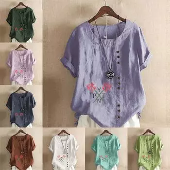 Женская модная футболка с круглым вырезом и коротким рукавом, повседневная хлопковая льняная рубашка с рисунком, летняя блузка с принтом роз, топы больших размеров S розовый