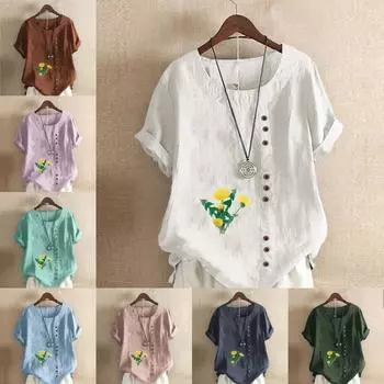 Женская модная футболка с круглым вырезом и коротким рукавом, повседневная рубашка из хлопка и льна с рисунком, свободная летняя блузка с принтом хризантем S розовый