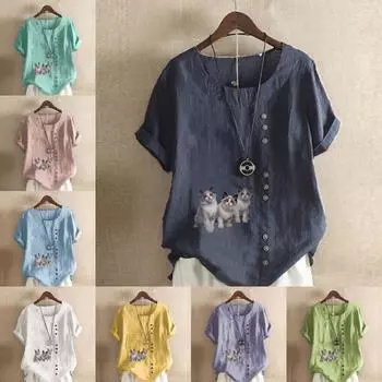 Женская модная футболка с круглым вырезом и коротким рукавом, повседневная хлопково-льняная рубашка с рисунком, свободная летняя блузка с принтом кошек для отдыха, топы S розовый