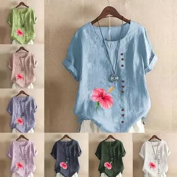Женская модная футболка с круглым вырезом и коротким рукавом, повседневная хлопковая льняная рубашка с рисунком, свободная летняя блузка с цветочным принтом для отдыха, топы S розовый