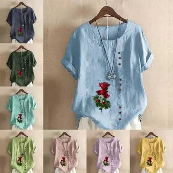 Женская модная футболка с круглым вырезом и коротким рукавом, повседневная рубашка из хлопка и льна с рисунком, свободная летняя блузка с принтом роз, топы S розовый