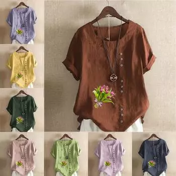 Женская модная футболка с круглым вырезом и коротким рукавом, повседневная рубашка из хлопка и льна с рисунком, свободная летняя блузка с принтом в виде букета цветов S розовый