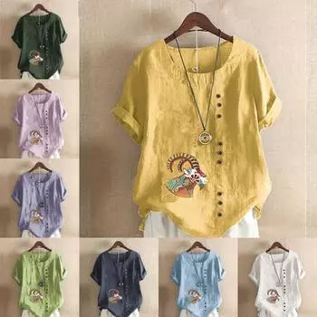 Женская модная футболка с круглым вырезом и коротким рукавом с овечьим принтом, повседневная хлопково-льняная рубашка с рисунком, свободная летняя блузка для отдыха, топы S розовый