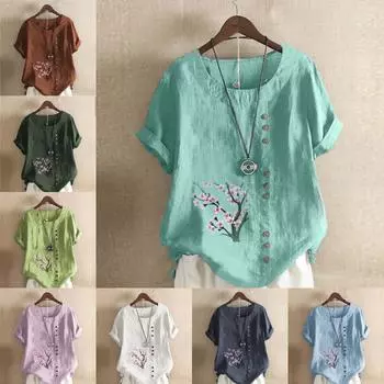 Женская модная футболка с круглым вырезом и коротким рукавом, повседневная рубашка из хлопка и льна с рисунком, свободная летняя блузка с принтом в виде сливового дерева, топы S розовый