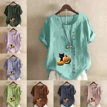 Женская модная футболка с круглым вырезом и коротким рукавом, повседневная хлопковая льняная рубашка с рисунком, летняя блузка с принтом тыквы, топы S розовый