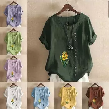 Женская модная футболка с круглым вырезом и коротким рукавом, повседневная хлопковая льняная рубашка с рисунком, свободная летняя блузка с цветочным принтом для отдыха, топы S розовый