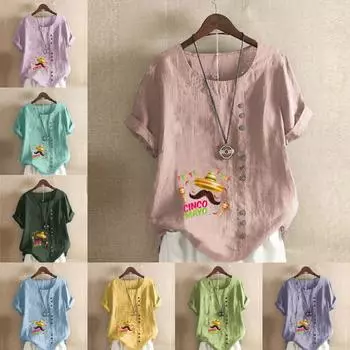 Женская модная футболка с круглым вырезом и коротким рукавом, повседневная рубашка из хлопка и льна с рисунком, свободная летняя блузка с принтом бороды, топы S розовый