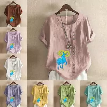 Женская модная футболка с круглым вырезом и коротким рукавом с овечьим принтом, повседневная хлопково-льняная рубашка с рисунком, свободная летняя блузка для отдыха, топы S розовый