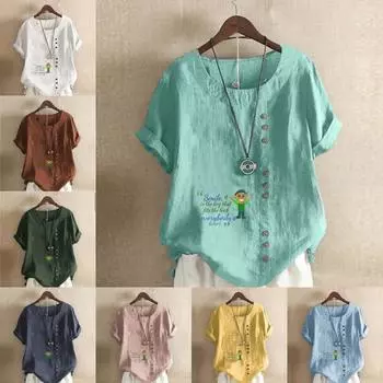 Женская модная футболка с круглым вырезом и коротким рукавом, повседневная хлопковая льняная рубашка с графическим принтом, свободная летняя блузка с буквенным принтом, топы S розовый