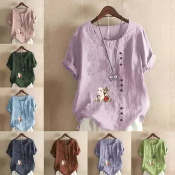 Женская модная футболка с круглым вырезом и коротким рукавом, повседневная рубашка из хлопка и льна с рисунком, свободная летняя блузка с принтом в виде цветов S розовый