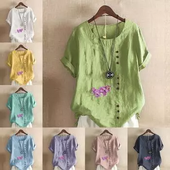 Женская модная футболка с круглым вырезом и коротким рукавом с принтом в виде синей звезды и цветка, повседневная рубашка из хлопка и льна с рисунком, свободная летняя блузка для отдыха, топы S розовый